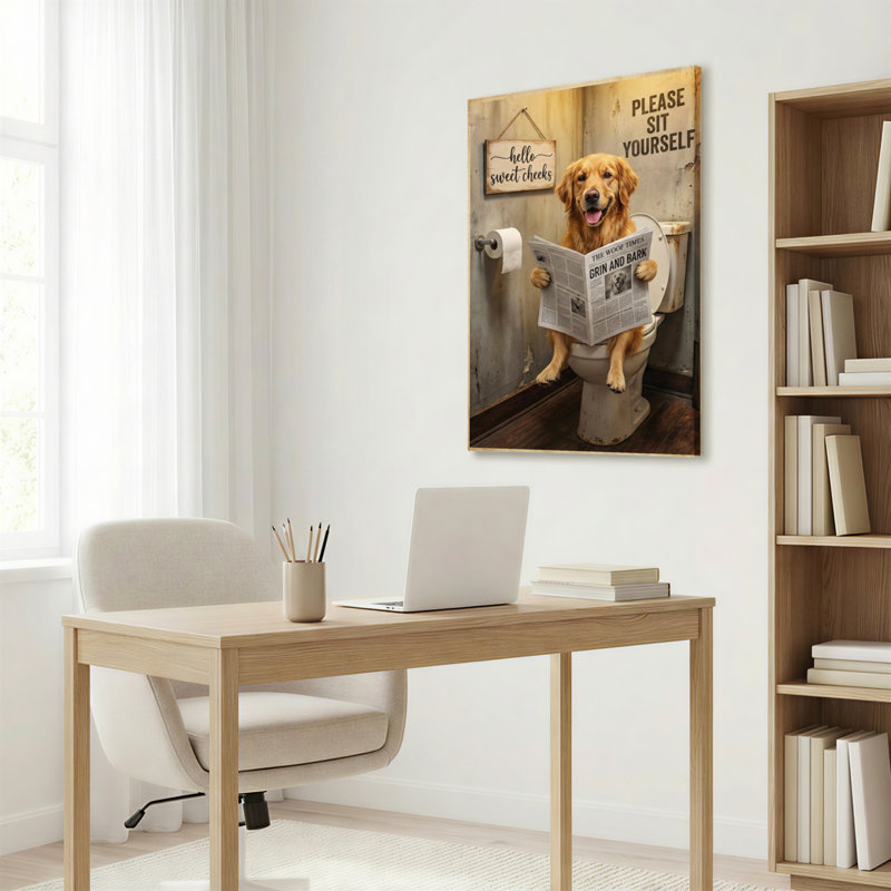 Tableau sur toile tendue représentant un chien lisant un journal, idéal pour décorer une salle de bain., H 24 po x l 16 po
