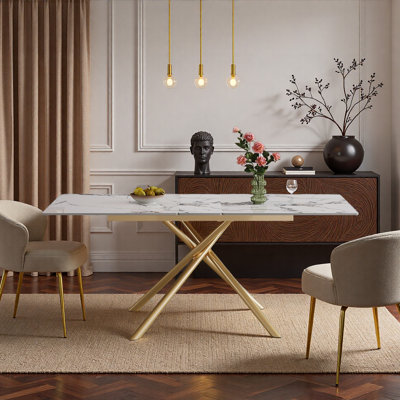 Table de salle à manger de 47,2 po à 59 po avec plateau en pierre frittée rectangulaire et base en X en acier au carbone doré pour 4 à 6 personnes