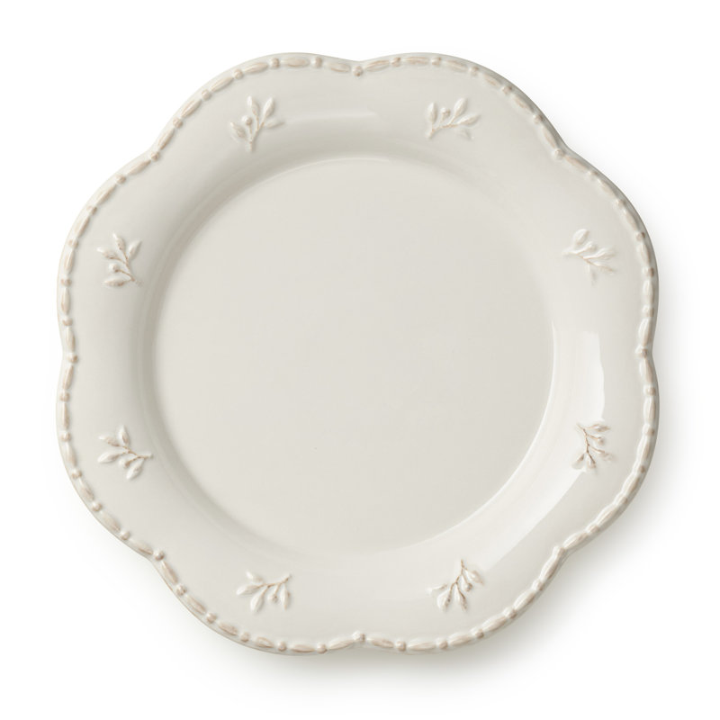 Assiettes à dîner en grès Heritage de 11 pouces - Assiettes élégantes à rebords festonnés avec perles en relief, ensemble de 4 - Assiettes blanc cassé intemporelles pour les dîners, les fêtes et l'utilisation quotidienne