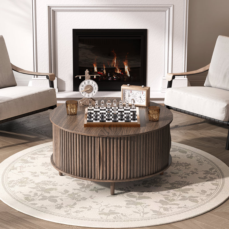 Mid Century Modern Round Coffee Table With Storage, Brown Wood