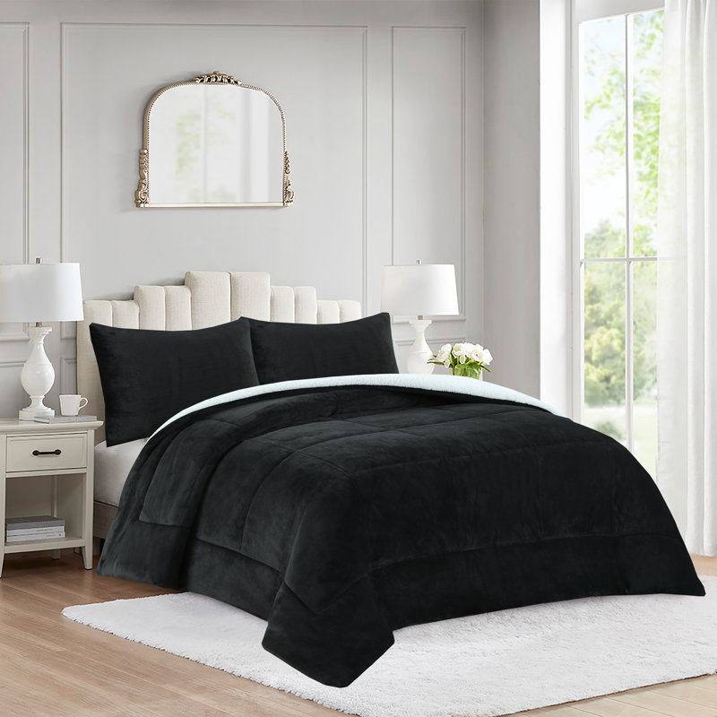3-Piece Micromink Sherpa Comforter Set–Soft Fluffy Plush Comforter with 2 Pillowcases, Black