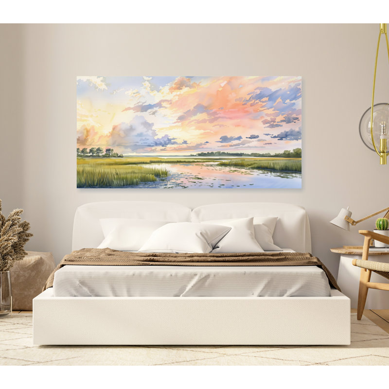 «Pastel Marsh Sunset Landscape, Carolina Lowcountry Coastal Watercolor, Reproduction d'art mural, H 24 po x l 48 po