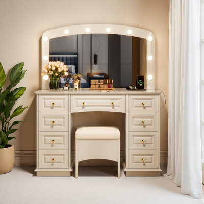Coiffeuse luxueuse avec 10 ampoules Hollywood, 3 modes d'éclairage couleur, une coiffeuse classique avec tabouret rembourré et 9 tiroirs de rangement pour la chambre à coucher