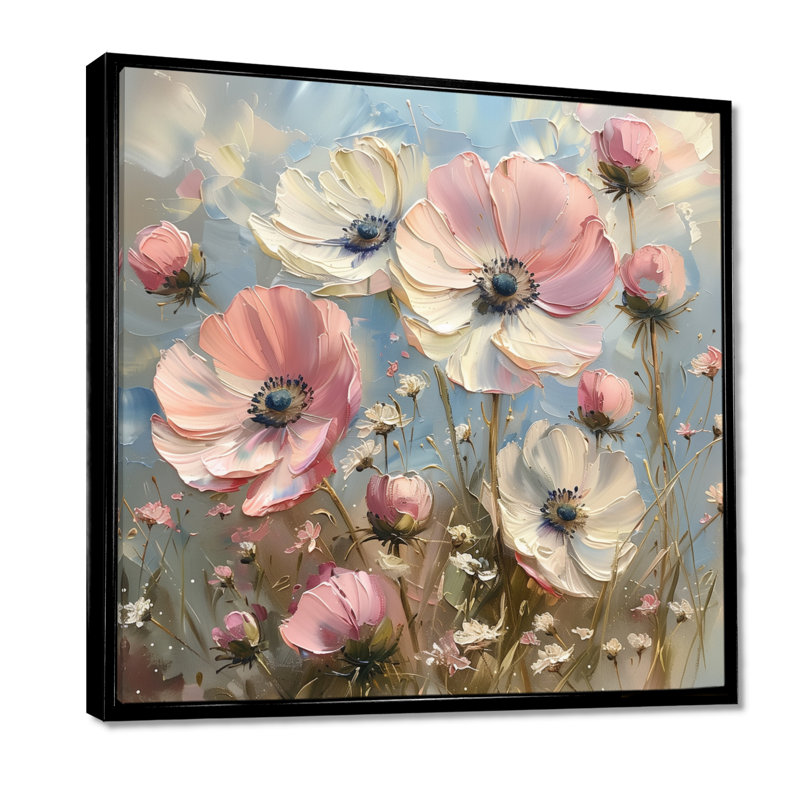 Rose blanc délicat Poppy Meadows - coquelicots, art mural, Cadre flottant noir, H 16 po x l 16 po