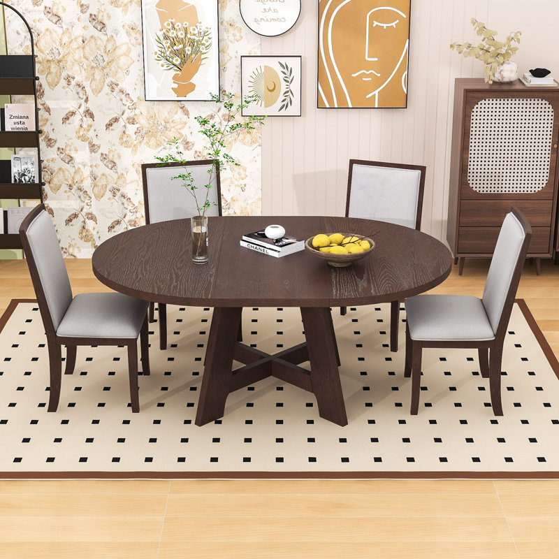 5-Piece Dining Table Set, Wood Extendable Dining Table with Removable Leaf and 4 Upholstered Chairs, Dark Espresso