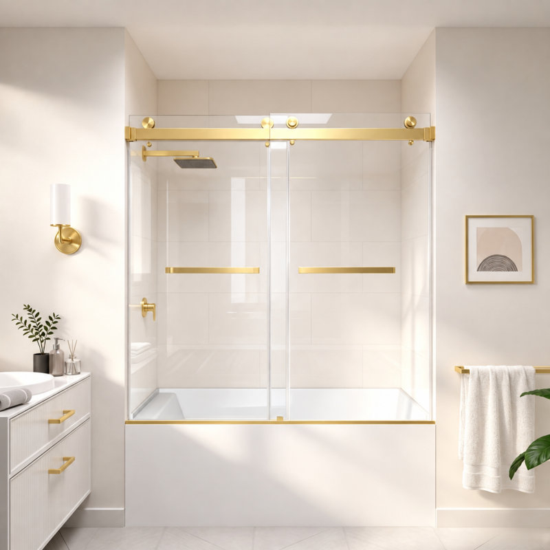 Porte de douche coulissante double sans cadre Catalyst en or brossé avec verre transparent 3/8 po de l 56 po x H 60 po Catalyst