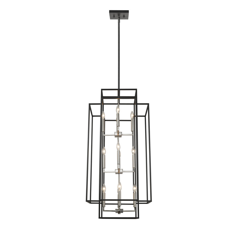 Lustre rectangulaire unique à 12 lumières Orona, Noir / Nickel brossé