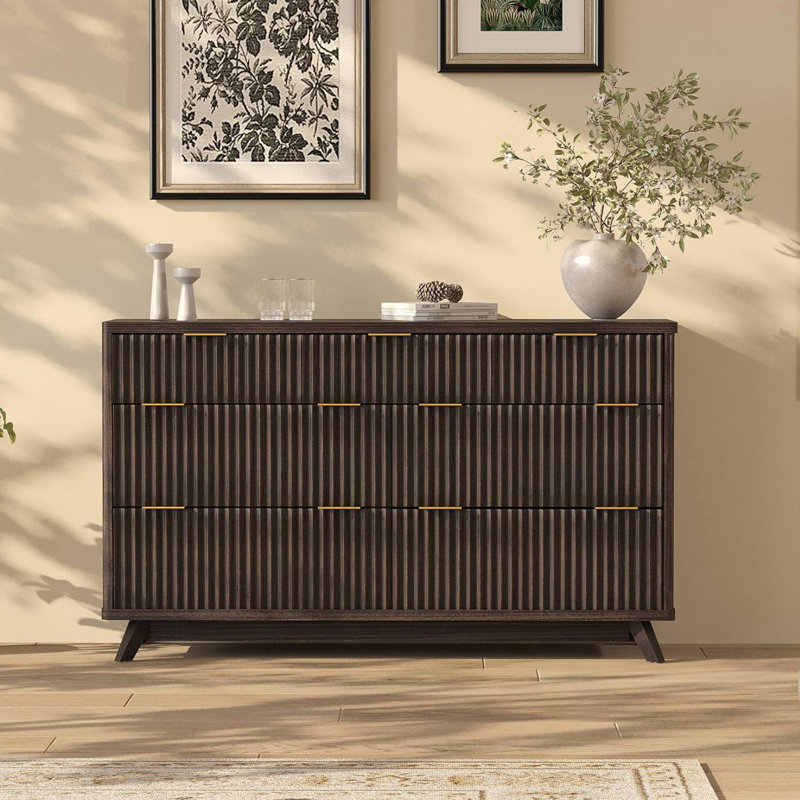 54" Fluted 7 Drawer Dresser with Curved Profile & Metal Handles, Mid-Century Wood Storage Chest, Walnut