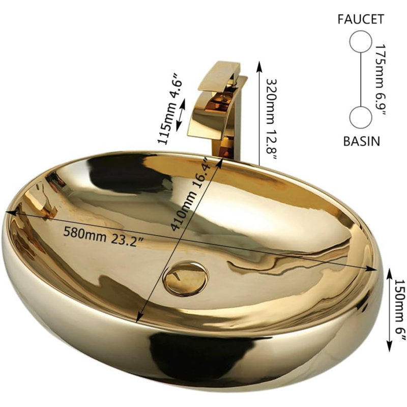 23-Inch Gold Ceramic Bathroom Vessel Sink Combo with Waterfall Faucet & Pop-Up Drain