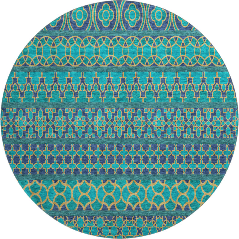 Premium Machine Washable Prisco Teal Rug, Round 8'