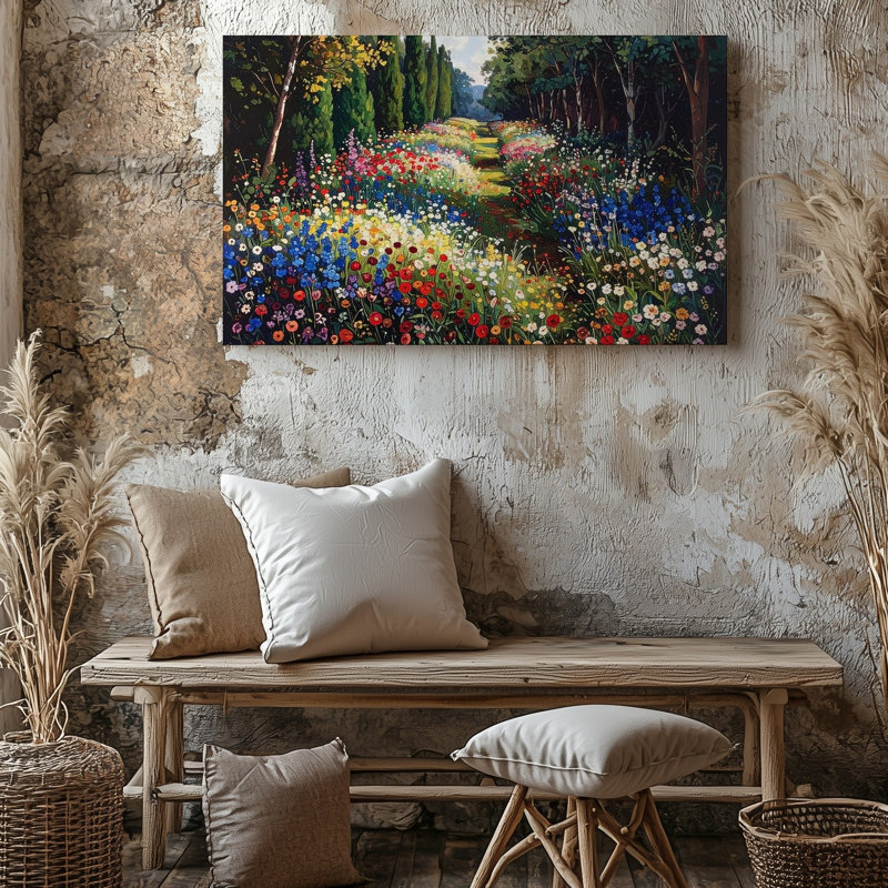 Art mural jardin enchanté sentier de fleurs sauvages impressionnistes prairie sur toile prête à accrocher décor de maison de qualité supérieure