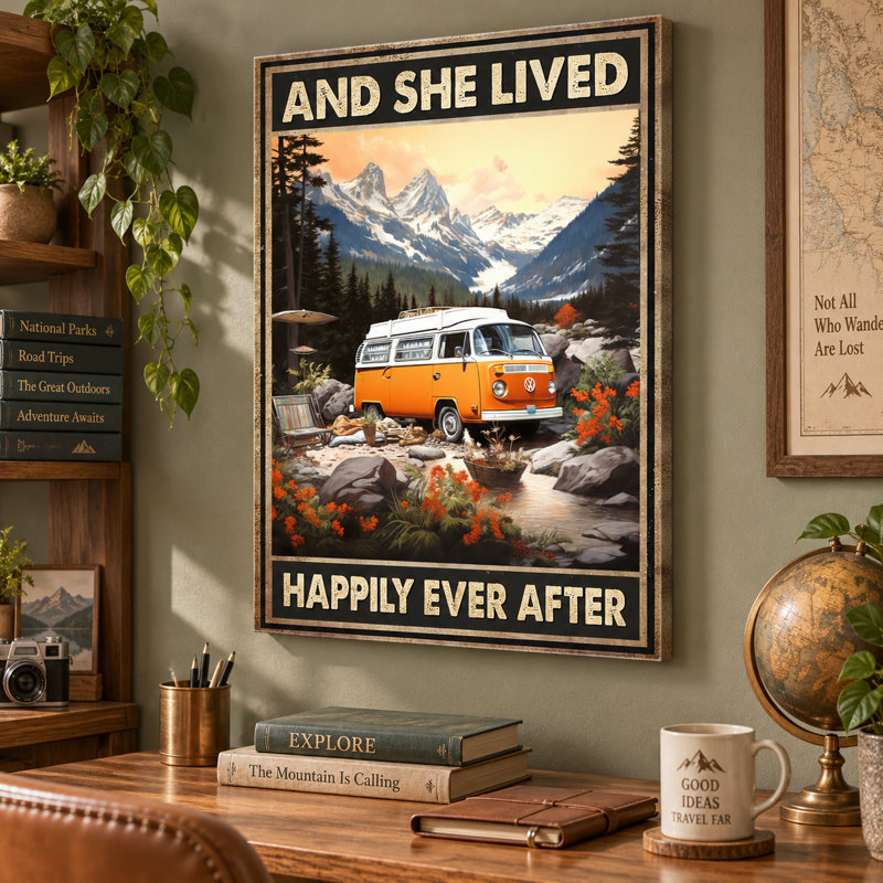 «And She Lived Happily Ever After Camper Van», art mural sur toile - décor de salon, de chambre à coucher ou de bureau