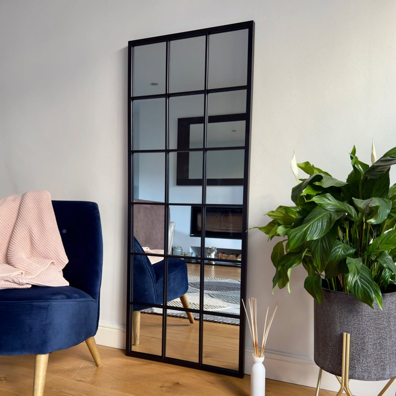 Kyō - Black Metal Rectangle Lattice Window Wall & Leaner Mirror, 150cm x 60cm