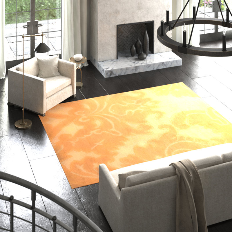 Implied Damask Area Rug in Beige/Gold/Neutral, Rectangle 3' x 5'