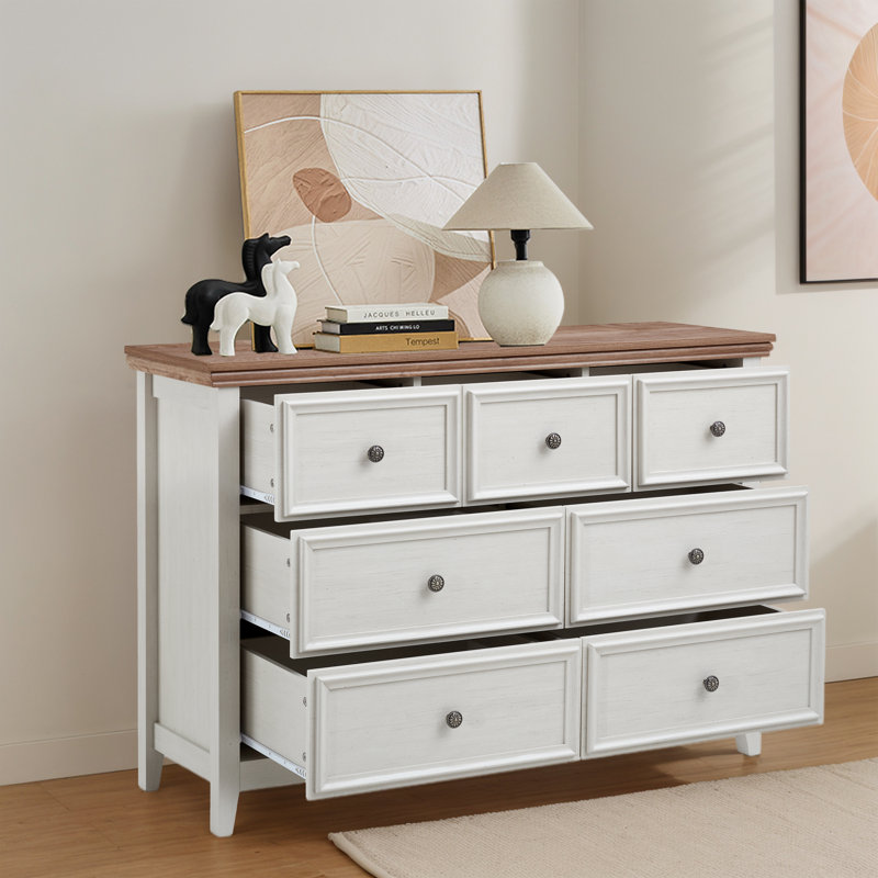 Commode 7 tiroirs en bois deux tons avec plateau brun