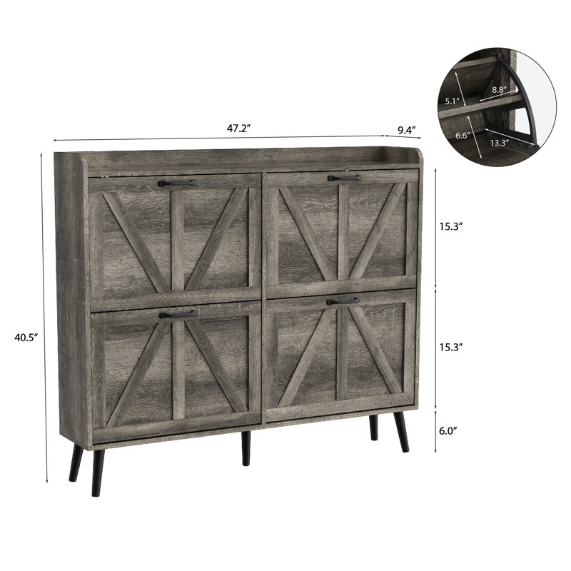 Shoe Cabinet With 4 Flip Drawers, Freestanding Farmhouse Shoe Organizer Cabinet, Washed Gray