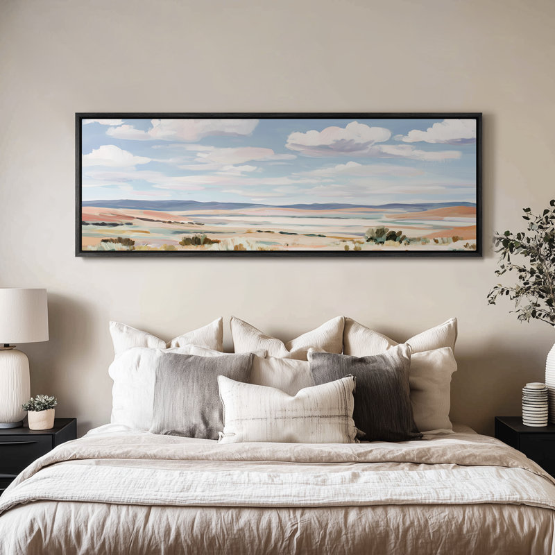 Art mural encadré - Paysage de désert ouvert avec ciel bleu et formes douces au pinceau - 16 po x 24 po, 24 po x 36 po, Noir