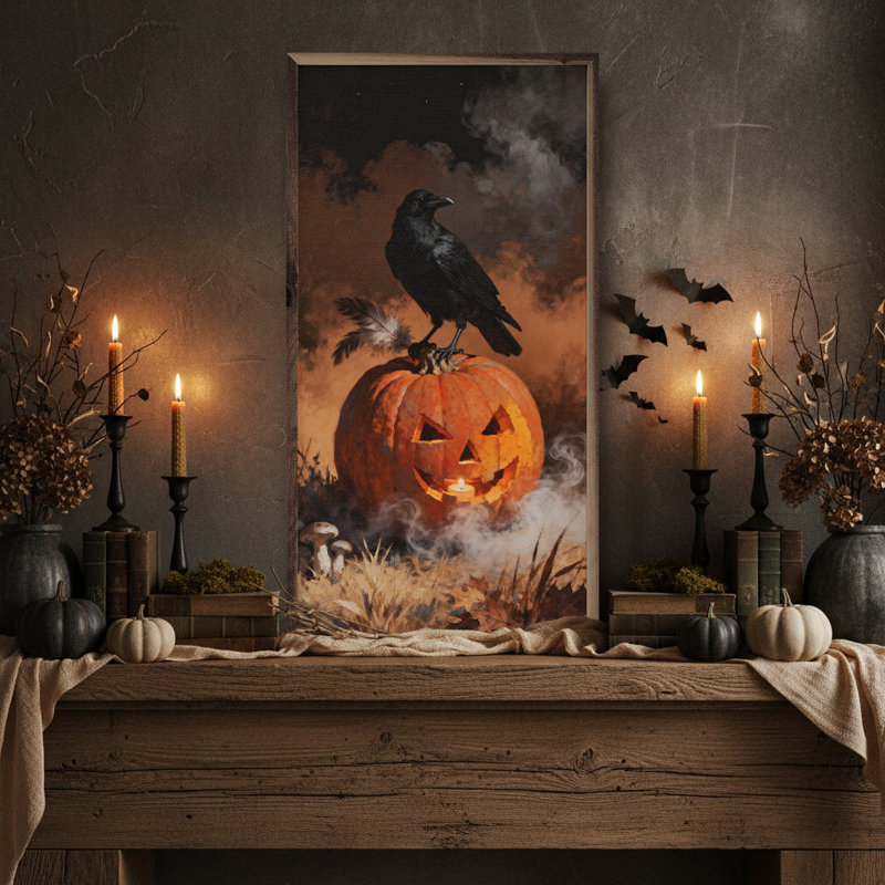 Corbeau sur citrouille, H 16 po x l 8 po
