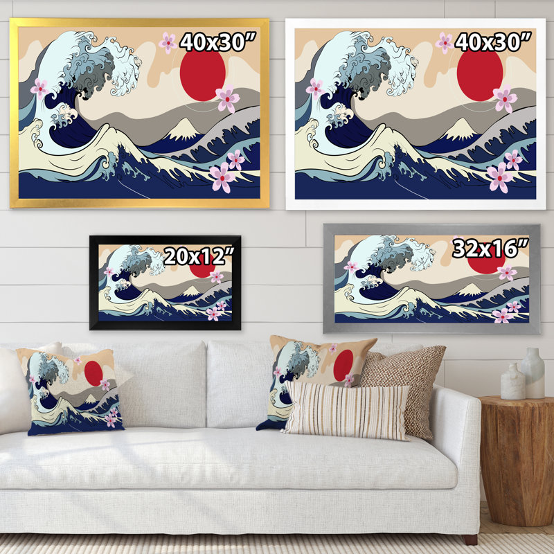 Traditionnel japonais, lune rouge et vagues - reproduction d'art sur toile traditionnelle, H 16 po x l 32 po