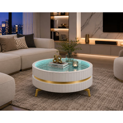 Table basse ronde Illuminaire avec miroir à DEL 35,4 po Illuminaire, éclairage à DEL, télécommande, accents dorés et conception moderne à nervures blanches