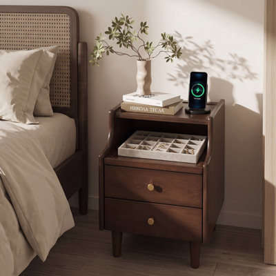 12 inch Modern Nightstand With Smoked Glass Top And Dual Storage Drawers
