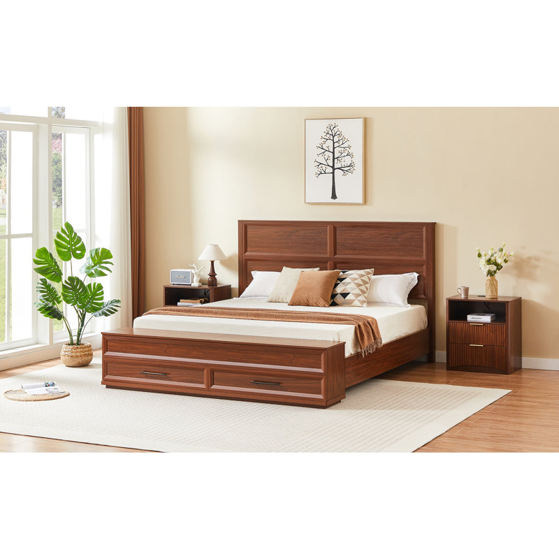 Bed with 3D Geometric Headboard & Storage Bench - 4-Drawer Storage, Walnut, King