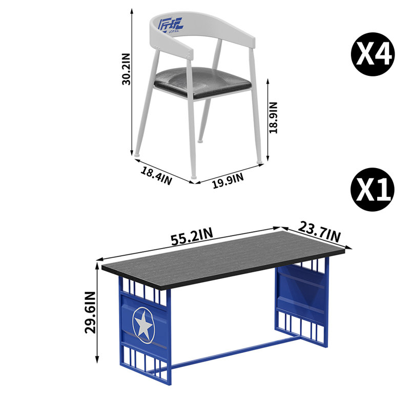 Table et chaises créatives de style industriel, 5, Plateau noir / base bleue, Blanc / noir