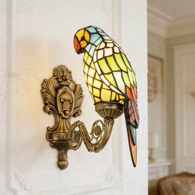 10.3"h Parrot Stained Glass Wall Sconce, Antique Bronze Iron Frame, E26 Warm Bulb Included
