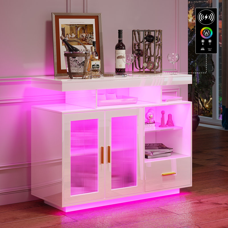 Armoire-bar et buffet moderne à DEL avec rangement - Idéal pour la cuisine, la salle à manger ou le salon, Blanc