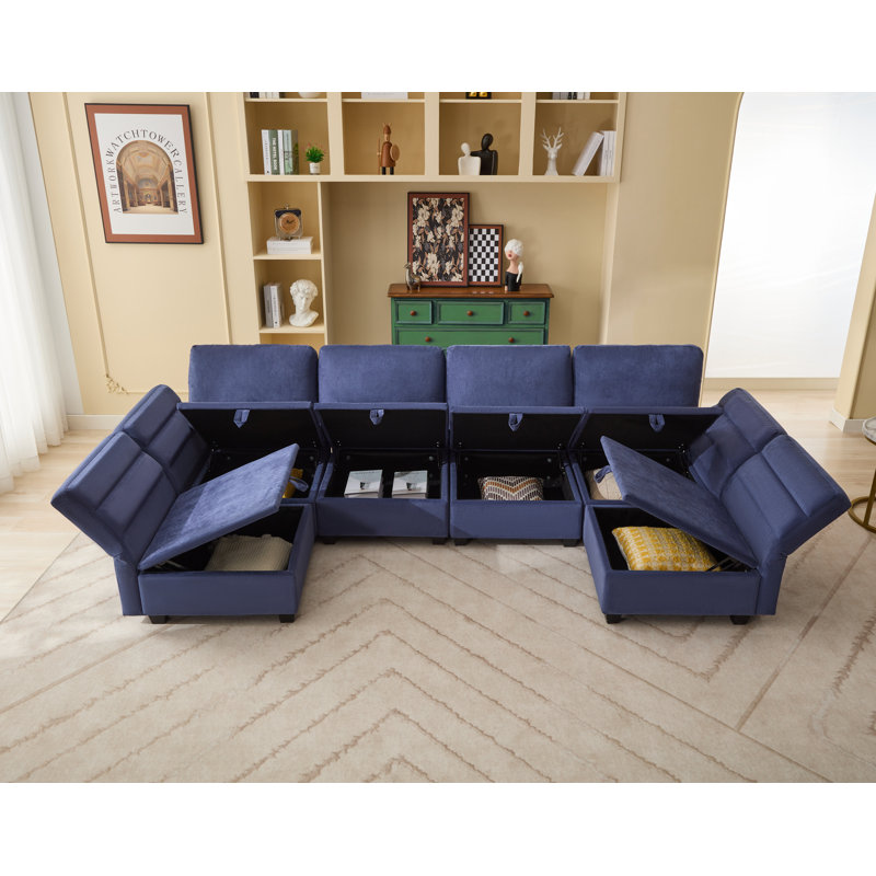 Modular Sectional Sofa With Storage Seats, Navy Polyester Blend
