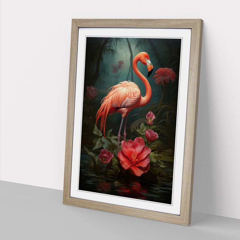 Flamingo Symbolism - Single Picture Frame Print on Wood, Oak, 64cm H x 46cm W x 2cm D