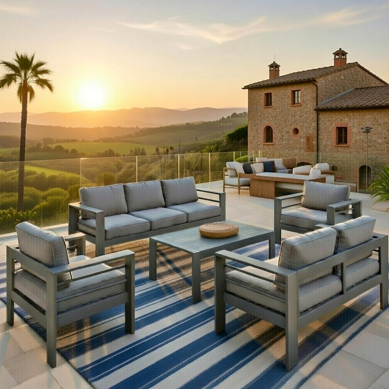 All-Weather 5-Piece Modern Metal Patio Furniture Set,  7-Seat Conversation Sofa With Thick Gray Cushions & Gray Frame And Coffee Table