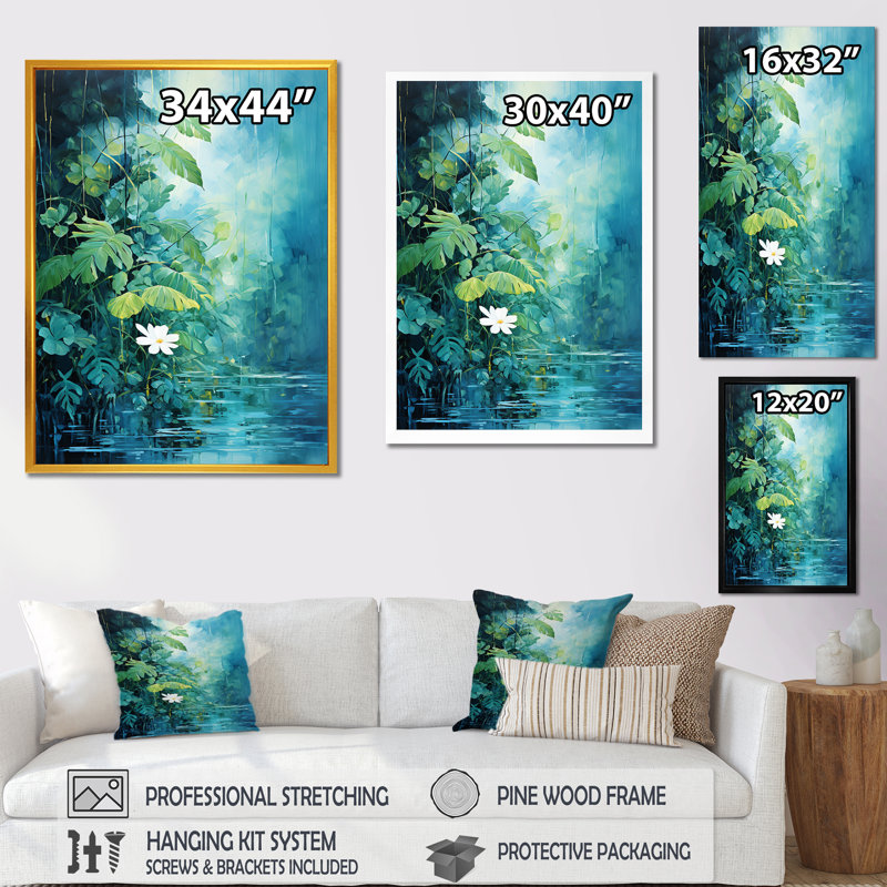 «Blue Tropical Plants Mirage 4 - Jungle», art mural, Cadre flottant doré, H 44 po x l 34 po x P 1,5 po