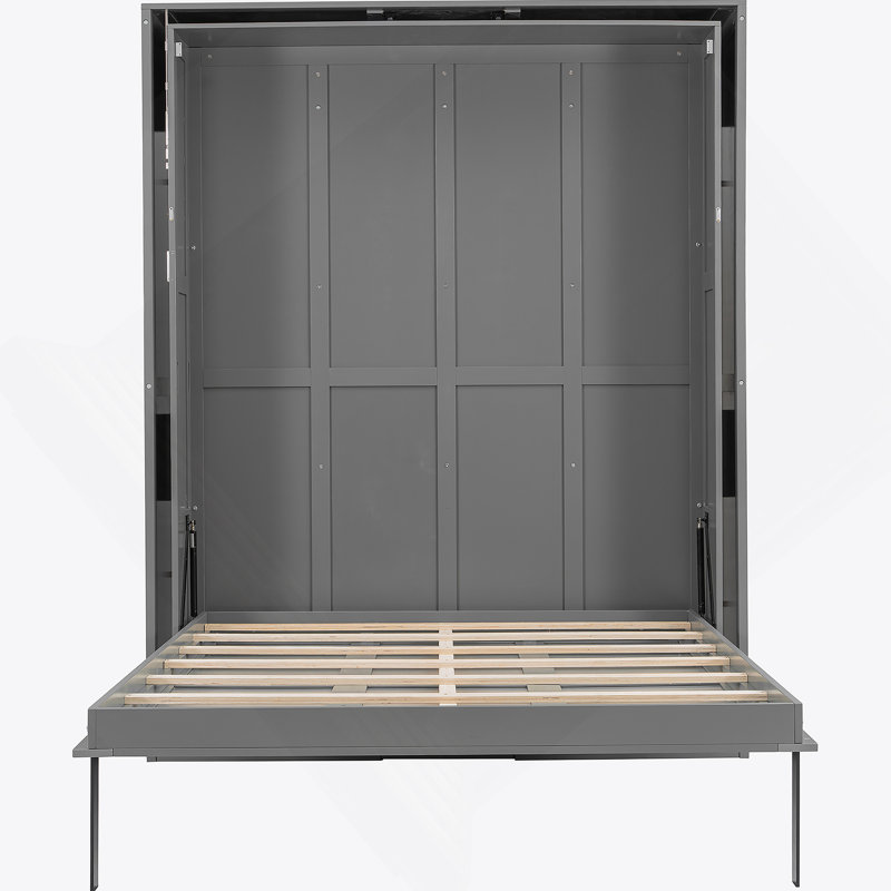 Rotating Queen Murphy Bed With Hidden Storage Racks, Space-Saving Multifunctional Wall Bed For Home Office & Small Rooms, Gray