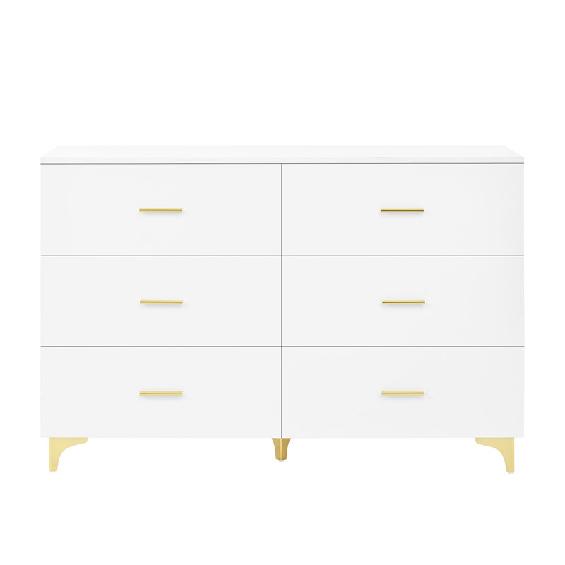 Commode blanche moderne à 6 tiroirs avec poignées en aluminium doré et pieds triangulaires - Commode de chambre à coucher