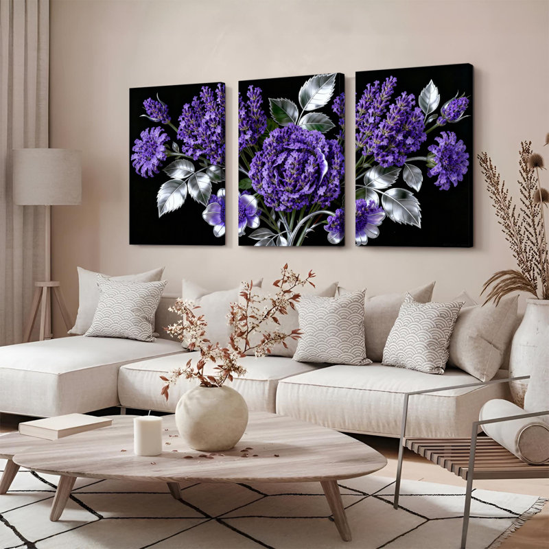 Tableau sur toile tendue « Bouquet de fleurs violettes » (lot de 3), H 24 po x l 48 po