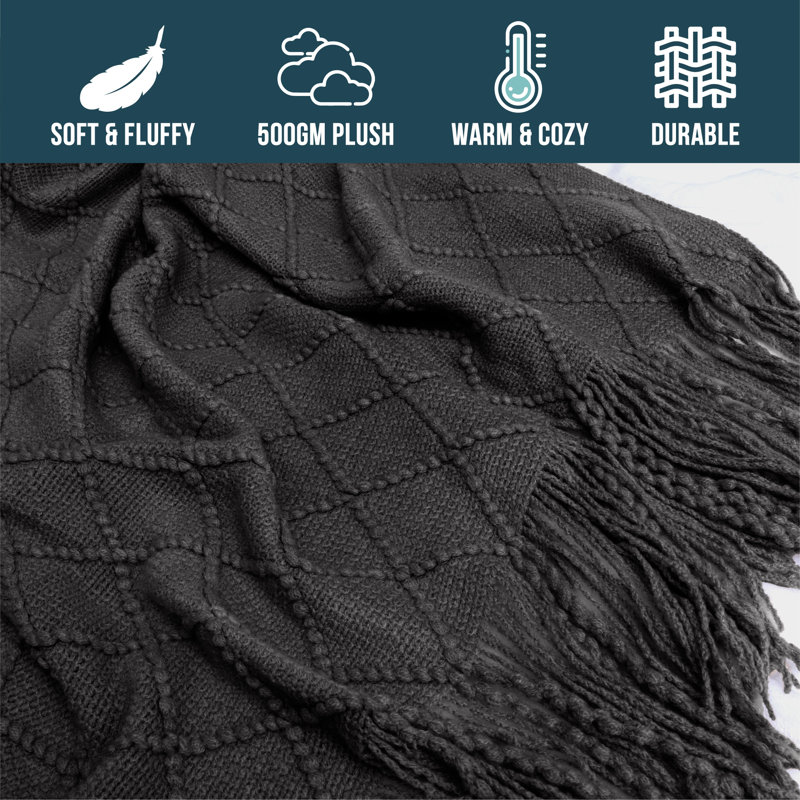 Charcoal Gray Knitted Fringe Throw Blanket for Couch