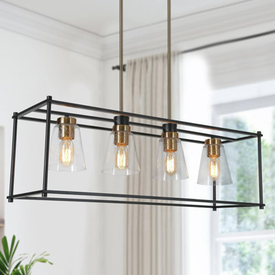 Luminaire suspendu en verre bullé 4 lumières noir et doré avec cadre rectangulaire pour îlot de cuisine 