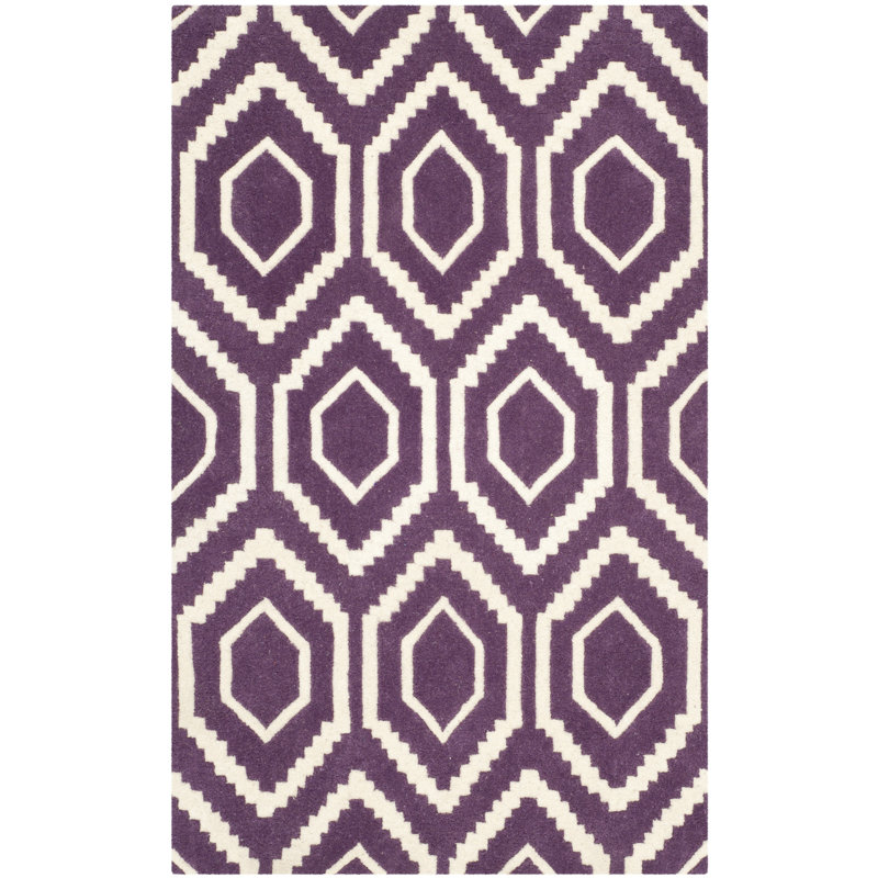 Huyet Geometric Wool Hand Woven Area Rug, Purple/Ivory, Rectangle 183 x 274 cm