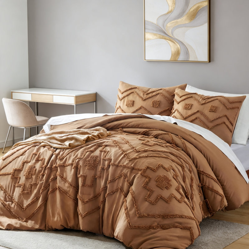 Ensemble de couette king style bohème touffeté 3 pièces citrouille