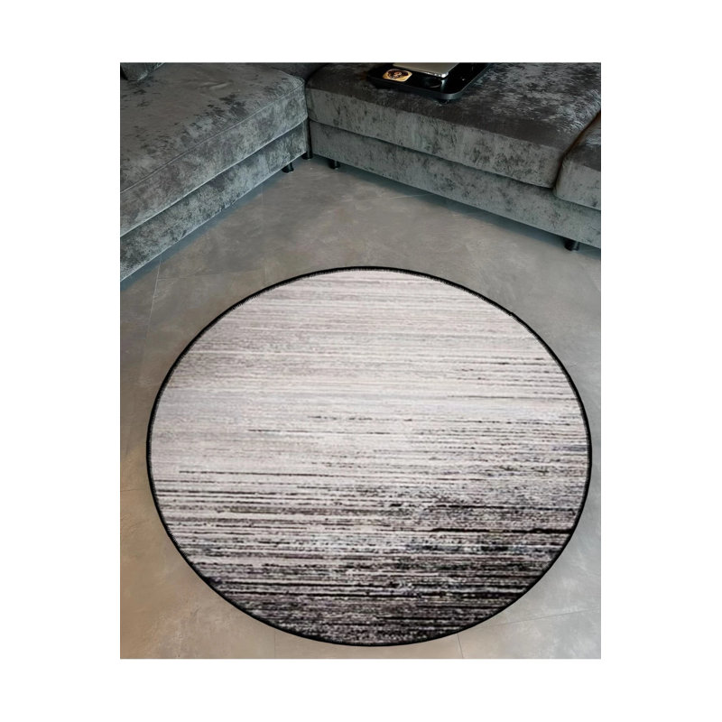 White Black Line Detailed Woven Base Modern Decorative Carpet, Round 2'8"