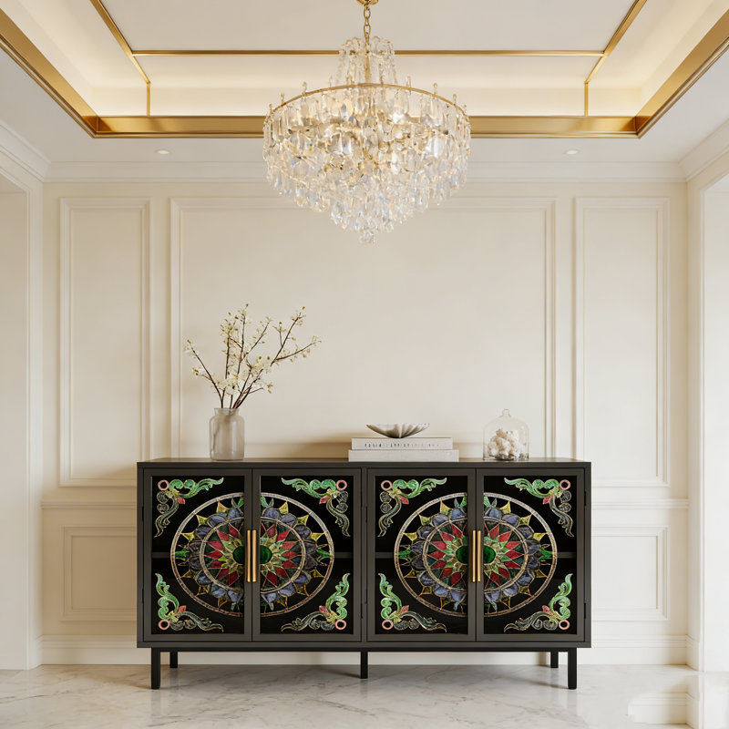 Decorative Four-Door Cabinet with Painted Glass and Metal Frame for Stylish Multi-Room Storage Solutions.