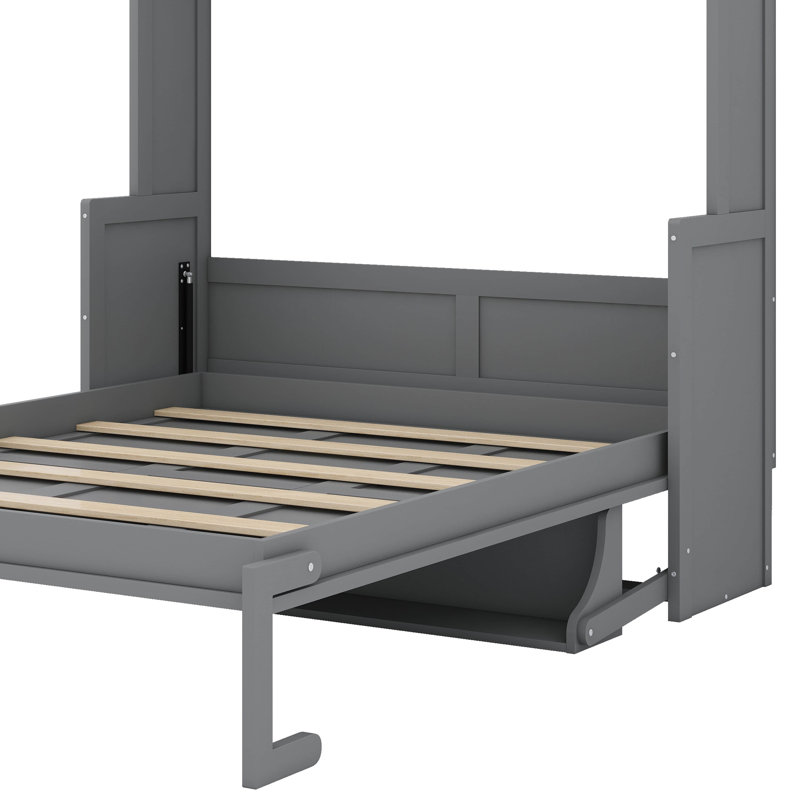 Grand lit escamotable avec bureau, station de charge USB, armoire murale avec tablettes de rangement, lumières DEL, gris