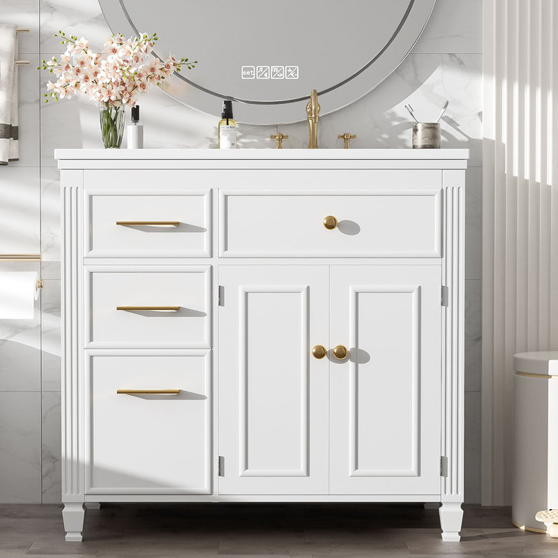 Meuble-lavabo moderne de 91 cm (36 po) avec lavabo en céramique, rangement à tiroirs et tablette ajustable, Blanc