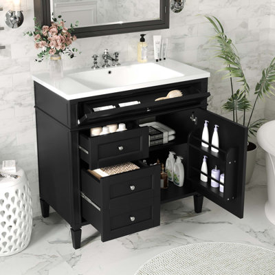 36 Inch Modern Bathroom Vanity With Top Sink, Spacious Right Storage Cabinet, And Multiple Drawers For Efficient Organization