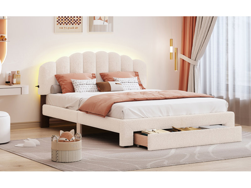 Lit plateforme tapissier avec tiroir Teddy