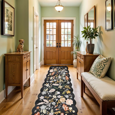 Hallway Runner Rug Washable: Extra Long Floral Scalloped Carpet Runner Non Slip Boho Rug Runner for Indoor Entryway Stain Resistant Rug Runners for Living Room (Black)