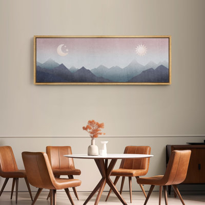 Sun Mountain Landscape Day Meets Night Sun Moon Mountains, impression sur toile encadrée simple