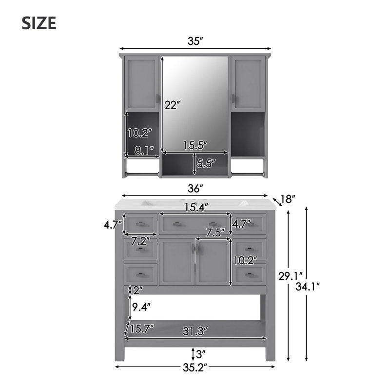 Ensemble de meuble-lavabo simple 36 po avec plateau en céramique et miroir Marelene, Gris