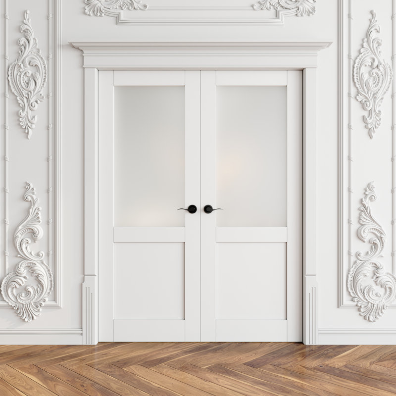 Interior Frosted Glass Panelled French Doors Solid Double Doors With Hardware Kit / Handles, 56" x 96", Black Hardware